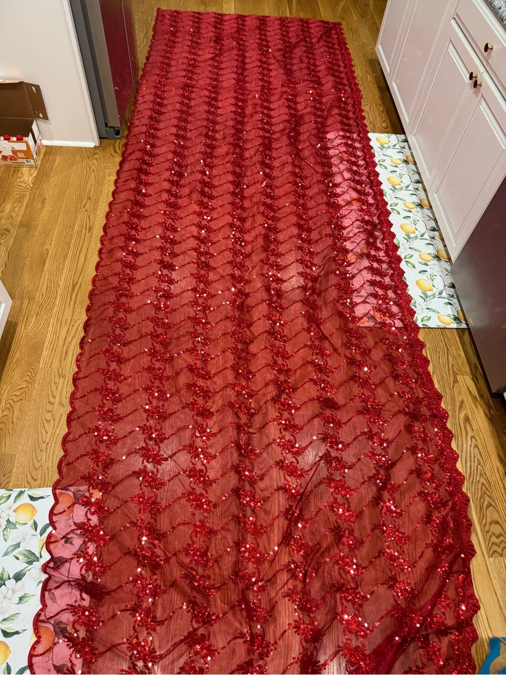 14 feet Red Sequined Lace Fabric Panel - Sheer Decorative Trim with liner